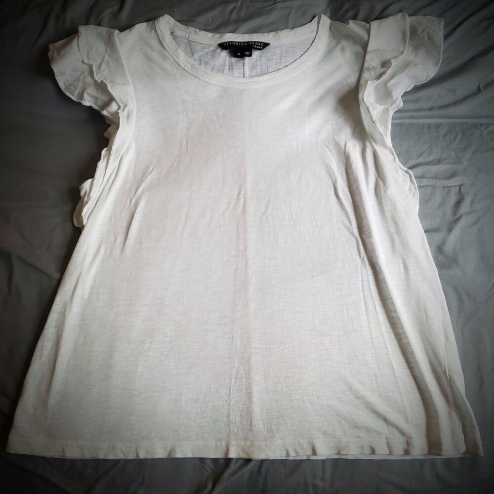 Veronica Beard Jeans White Ruffle Sleeved Tee Sz. XL Summer/Casual Chic